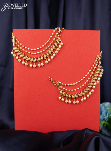 Antique triple layer maatal peacock design with pink kemp and pearl hangings