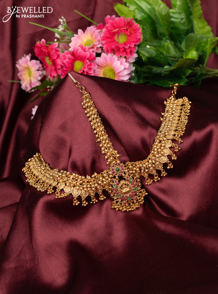 Antique maang tikka lakshmi design with kemp stones and golden beads hanging