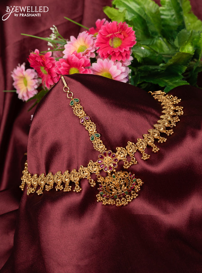 Antique maang tikka peacock design with kemp stones and golden beads hanging