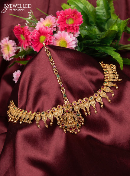 Antique maang tikka lakshmi design with kemp stones and golden beads hanging