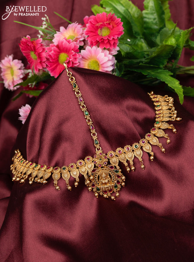 Antique maang tikka lakshmi design with kemp stones and golden beads hanging