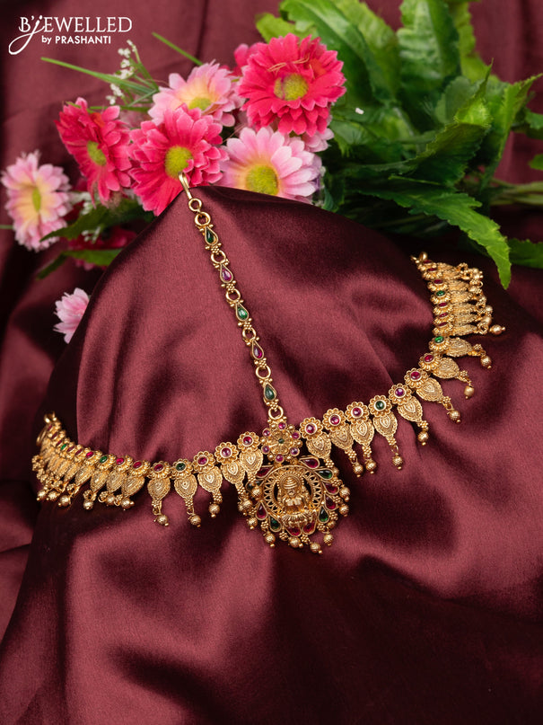 Antique maang tikka lakshmi design with kemp stones and golden beads hanging