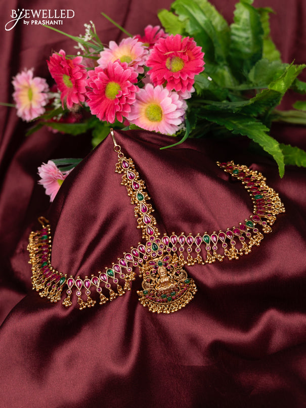 Antique maang tikka lakshmi design with kemp stones and golden beads hanging