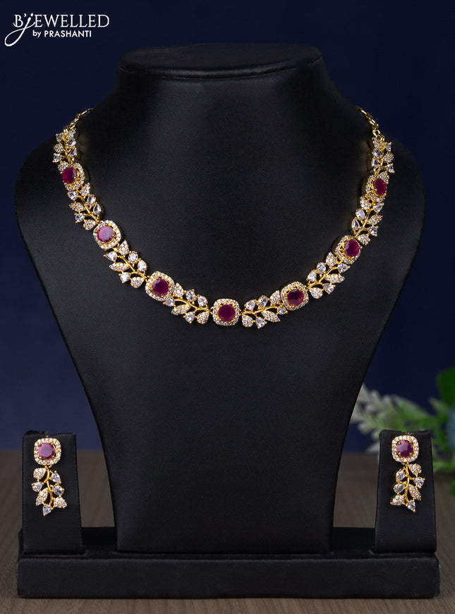 Zircon necklace with ruby and cz stones in gold finish