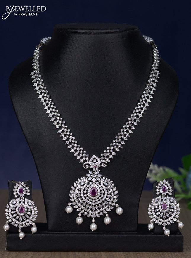 Zircon necklace with ruby & cz stones and pearl hangings