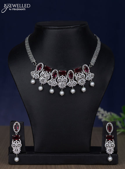 Zircon choker with ruby & cz stones and pearl hangings