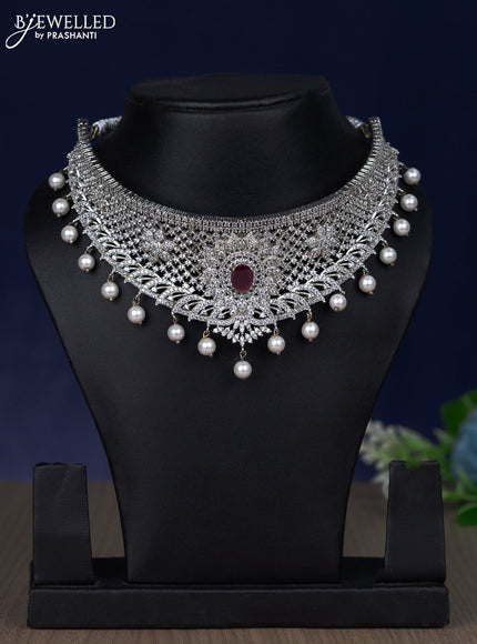 Zircon choker with ruby & cz stones and pearl hangings without earring