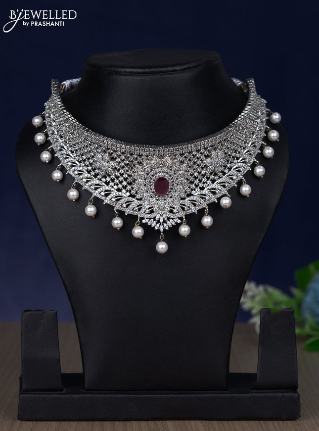Zircon choker with ruby & cz stones and pearl hangings without earring