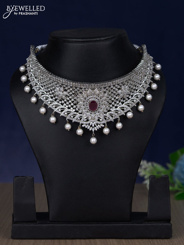 Zircon choker with ruby & cz stones and pearl hangings without earring