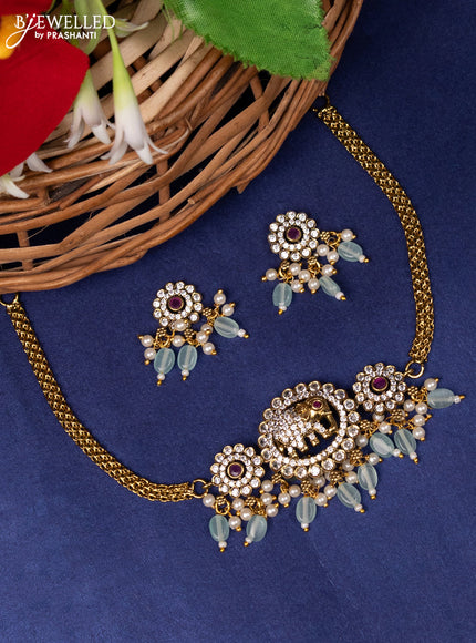 Choker elephant design with ruby & cz stones and beads hanings in victorian finish