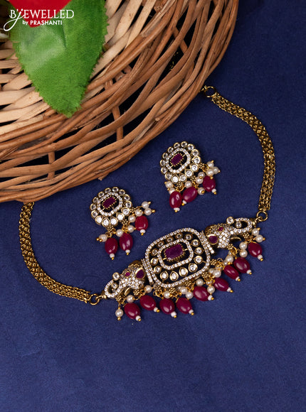 Choker elephant design with ruby & cz stones and beads hanings in victorian finish