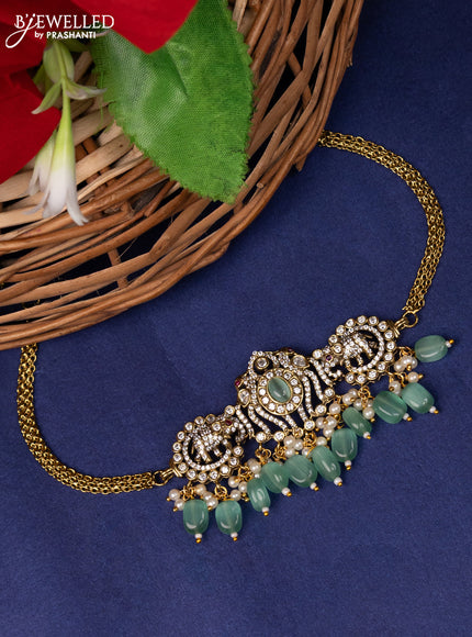 Choker elephant design with mint green & cz stones and beads hanings in victorian finish without earring