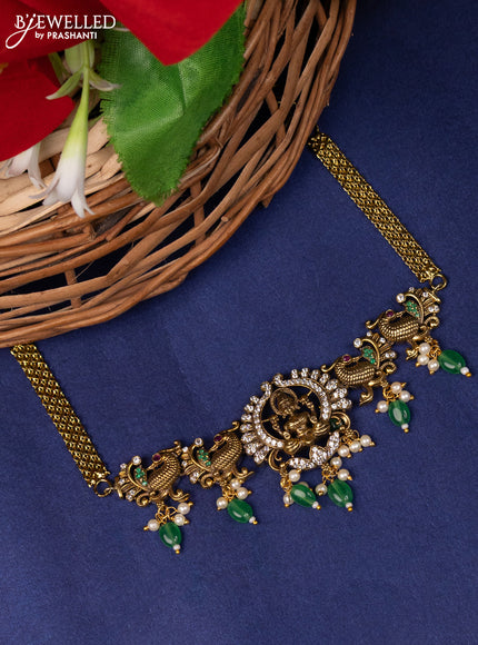 Choker lakshmi design with kemp & cz stones and beads hanings in victorian finish without earring