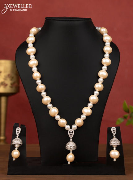 Pearl cream necklace with cz stone jhumka pendant