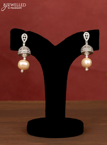 Pearl cream necklace with cz stone jhumka pendant
