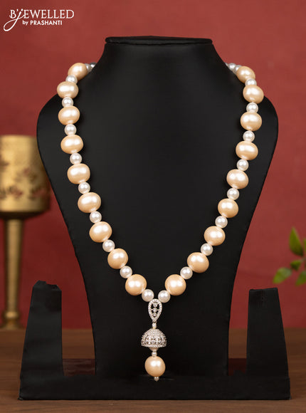 Pearl cream necklace with cz stone jhumka pendant without earring