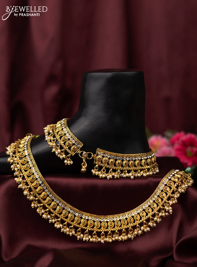 Antique anklet maanga pattern with cz stone and pearl hangings