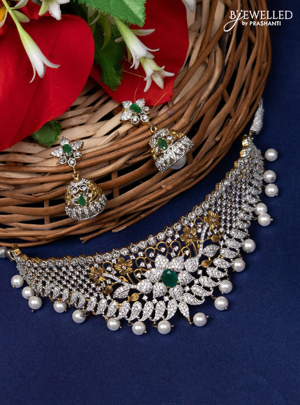 Zircon choker with ruby and cz stone and pearl hangings in gold finish