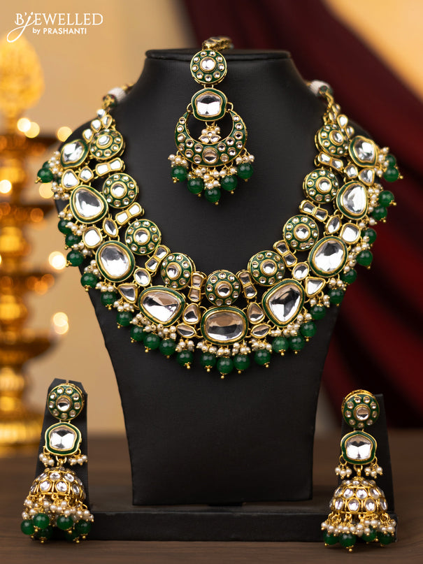 Kundan necklace white kundan stone & green beads hangings with maang tikka