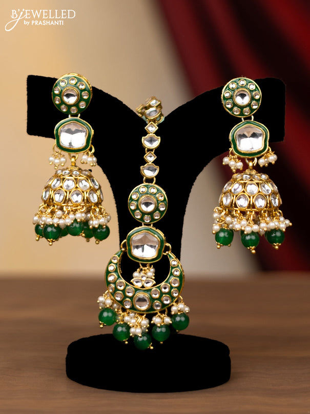 Kundan necklace white kundan stone & green beads hangings with maang tikka