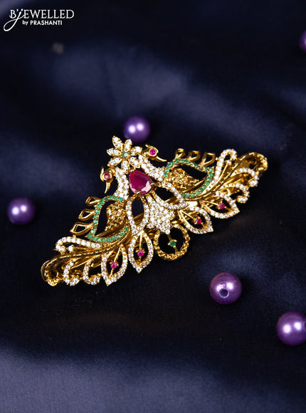 Antique hair clip medium size peacock design with kemp and cz stones