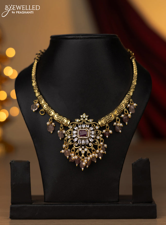Necklace with ruby and cz stones and beads hangings in victorian finish without earring