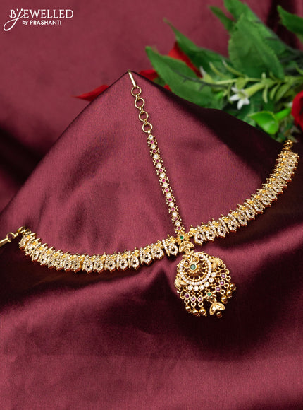 Antique maang tikka with kemp & cz stones and golden beads hanging