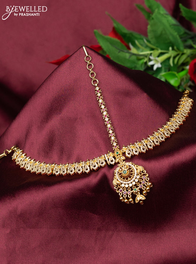 Antique maang tikka with kemp & cz stones and golden beads hanging