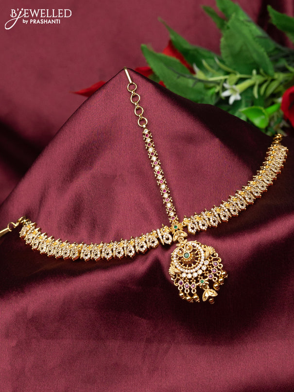 Antique maang tikka with kemp & cz stones and golden beads hanging