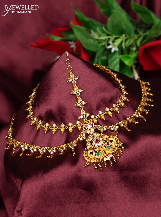 Antique maang tikka peacock design with kemp & cz stones and golden beads hanging