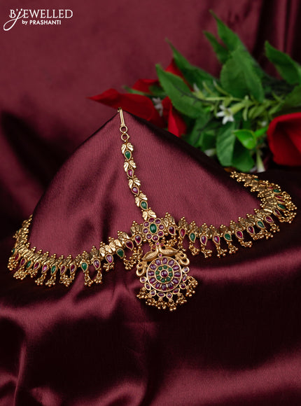 Antique maang tikka peacock design with kemp and golden beads hanging