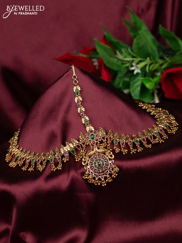 Antique maang tikka peacock design with kemp and golden beads hanging