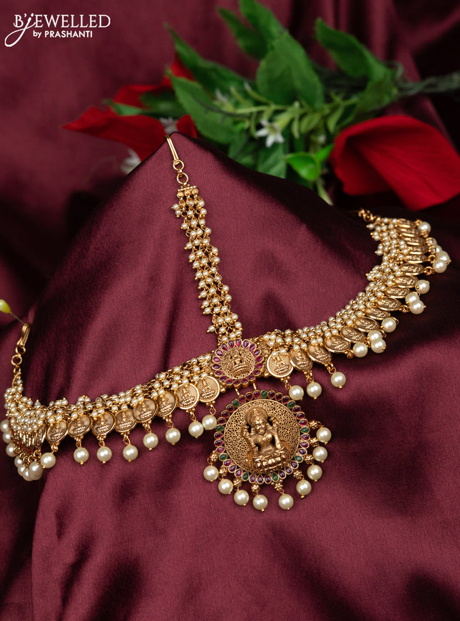 Antique maang tikka lakshmi kasu design with kemp and pearl hanging