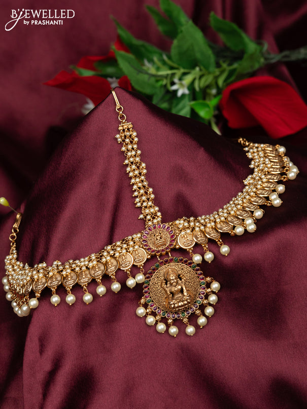 Antique maang tikka lakshmi kasu design with kemp and pearl hanging