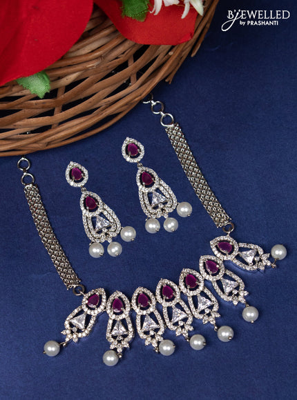 Zircon choker with ruby & cz stone and pearl hangings