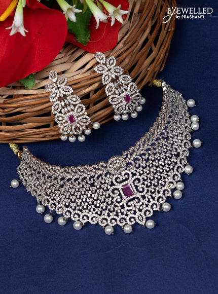 Zircon choker with ruby & cz stone and pearl hangings