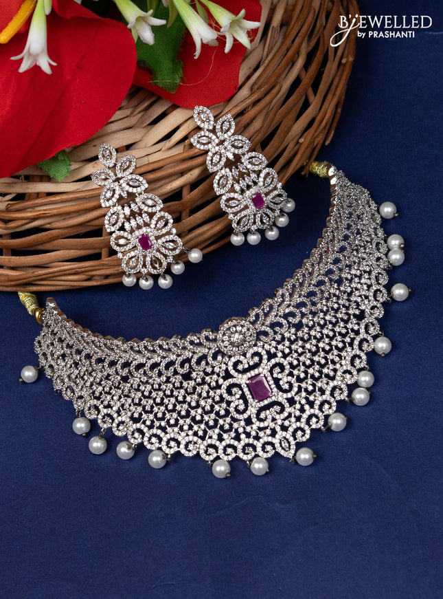 Zircon choker with ruby & cz stone and pearl hangings