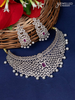 Zircon choker with ruby & cz stone and pearl hangings