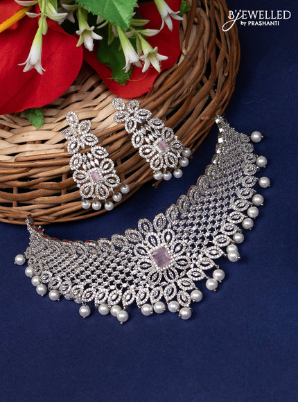 Zircon choker with baby pink & cz stone and pearl hangings