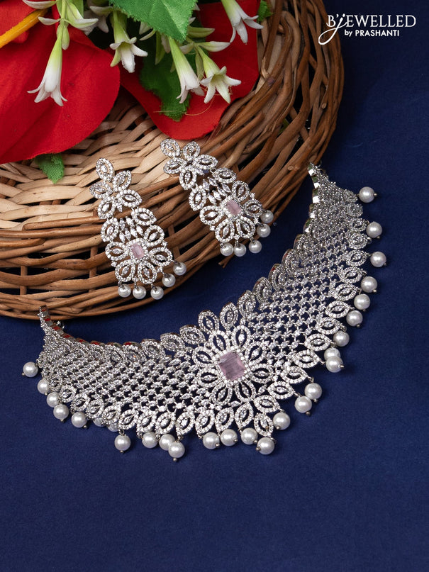 Zircon choker with baby pink & cz stone and pearl hangings