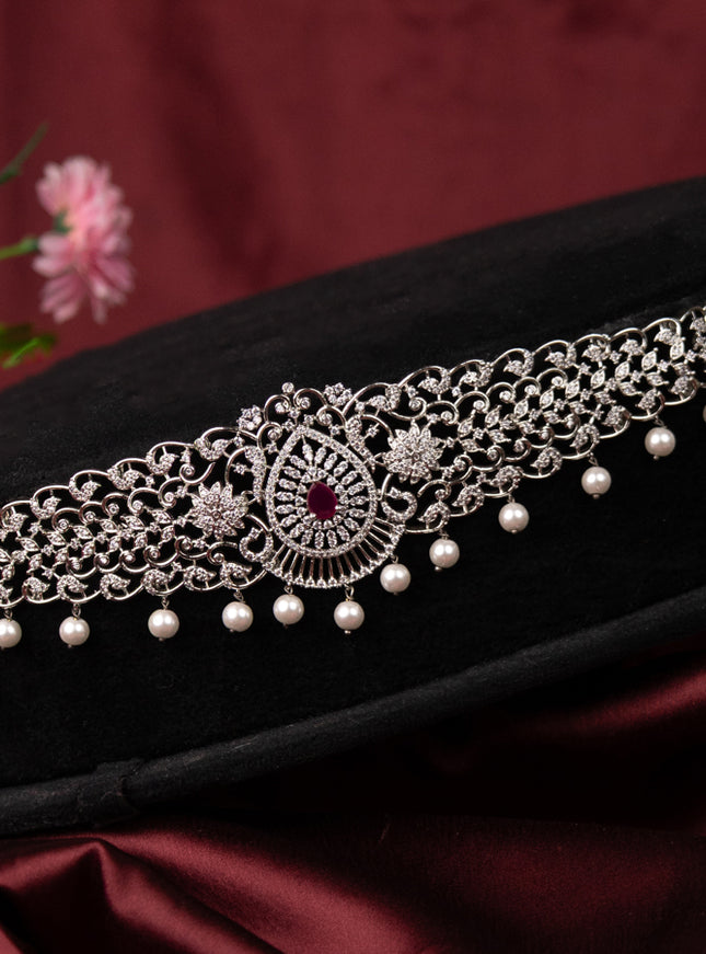 Zircon hip chain with ruby & cz stones and pearl hangings