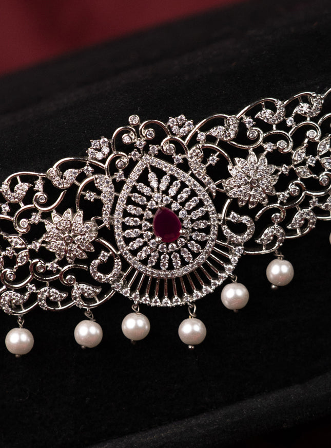 Zircon hip chain with ruby & cz stones and pearl hangings