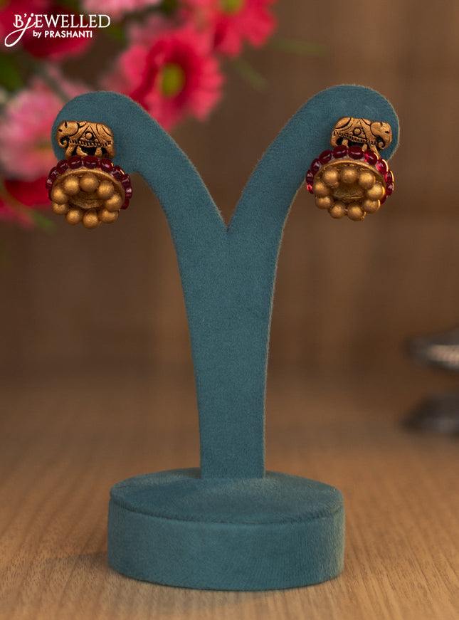 Terracotta elephant design with pink kemp kundan stone necklace