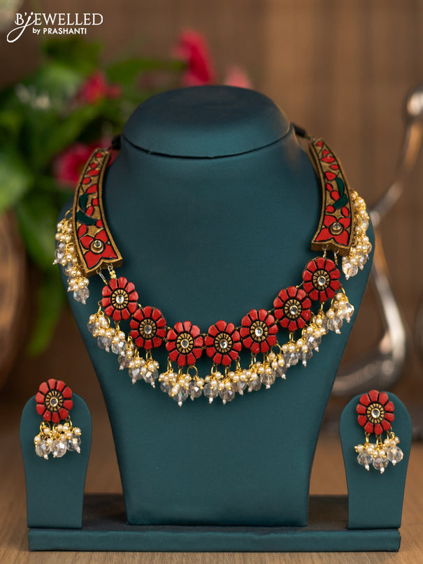 Terracotta red floral design necklace with pearl & beads hangings