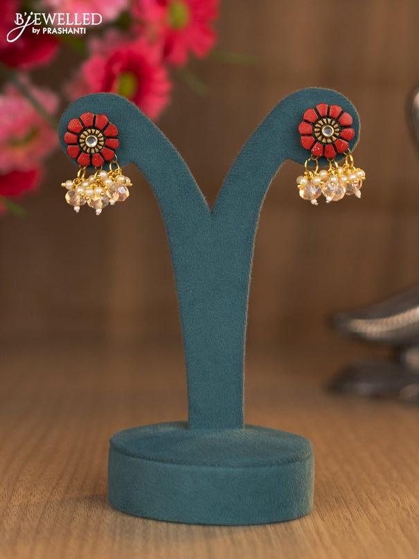 Terracotta red floral design necklace with pearl & beads hangings