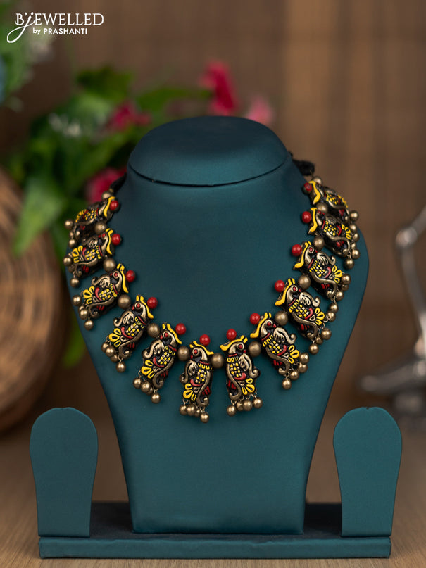 Teracotta necklace with peacock pendant and hangings without earring