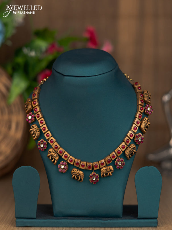 Terracotta elephant design with pink kemp kundan stone necklace without earring