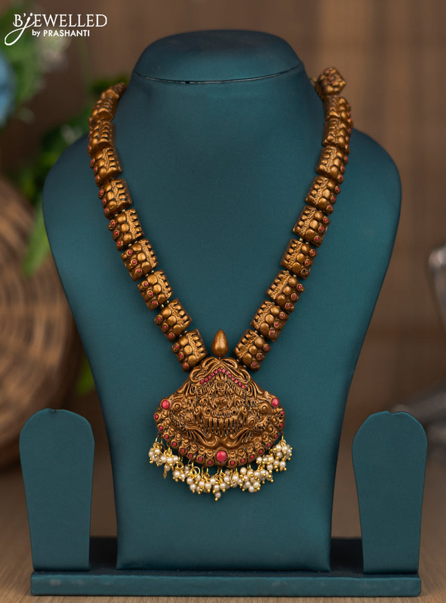 Terracotta necklace with lakshmi pendant and pearl hangings without earring