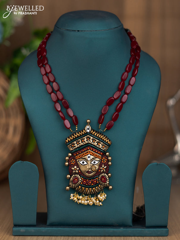 Teracotta double layer maroon beads necklace with amman face pendant and pearl hangings