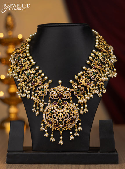 Antique guttapusalu necklace kemp and cz stone with pearl hangings without earring